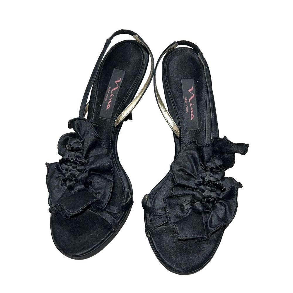 Nina Black Satin Embellished Strappy Slingback Heel Sandal Size 7.5